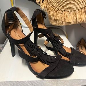 Black suede Fringe high heels